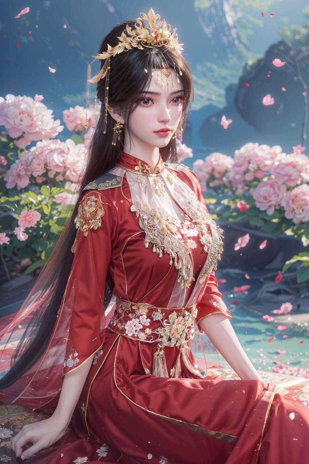 花瓣轻舞李慕婉优雅地立于古风庭院