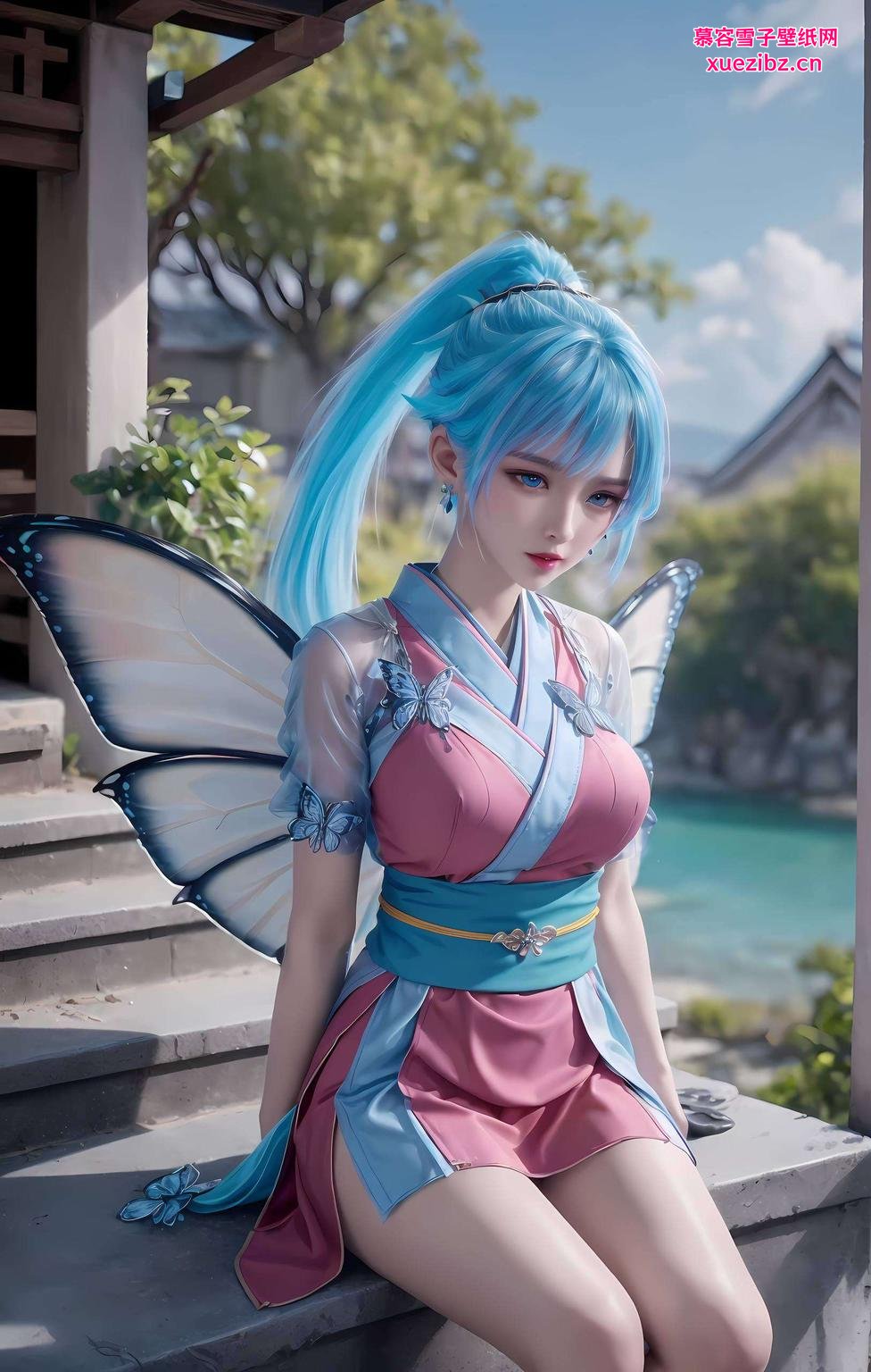 清新的蓝色背景映衬着她深邃的眼眸美得让人心动